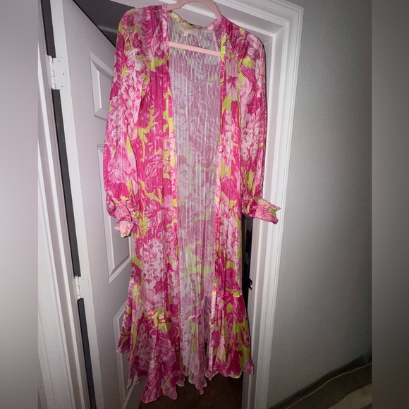 ROCCO SAND ziba coverup kimono neon pink and Green Long floral size XS - Picture 7 of 14